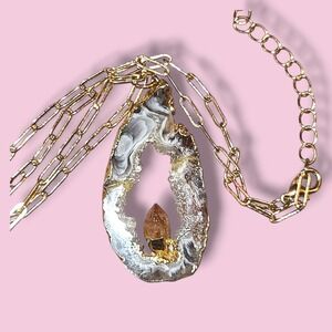 Crystal Geode Slice with Citrine Crystal Pendant Necklace
